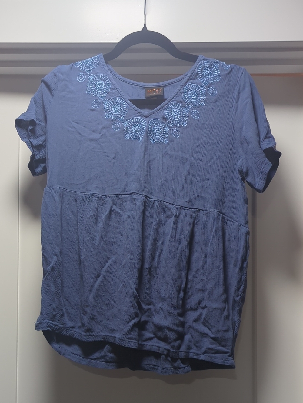 Mod Lusive Blue Embroidered V-Neck Tunic Top